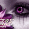 A close-up of a stylized face with purple eyes, black eyeliner, and purple flower petals, with text reading "YOU LOOK INTO MY EYES AND KNOW WHAT'S WRONG".