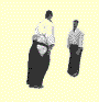 Two figures in traditional Japanese attire perform a sequence of martial arts movements against a pale yellow background.