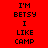 Red background with black pixelated text 'I'M BETSY I LIKE CAMP' arranged in a , with white rectangular blocks replacing text in some positions across frames