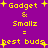 Purple background with yellow pixelated text and plus signs, displaying 'Gadget & Smallz = best buds' in two variations where some letters are replaced by similar shapes.