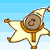 Pixelated character in star-shaped outfit with orange accents, wearing a pointed hat, against light blue striped background.
