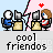 Pixel art animation of two figures under a pink umbrella with hearts, one figure holding a red-and-white object while text below reads 'cool friends' in gray.