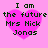 Four identical pixelated heart-shaped icons with pink background and black text reading "I am the future Mrs Nick Jonas" arranged in a
