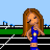 Pixel art contact sheet showing two frames of an animated buddy icon featuring a female character in track attire on a running track background with text and heart symbols.