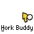 Animated contact sheet of a yellow stick figure character performing various actions with white circular objects, including throwing, catching, and interacting with red/orange effects, accompanied by text like "Hork Buddy" and sound effects "HORK!" and "SOJ!"