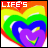 A 6-frame animated contact sheet of a rainbow heart icon with changing text above the hearts, each frame showing a different word or number in white pixelated font against a colorful gradient background.