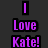Static pixel art displays purple text on black background: a vertical bar above 'Love' and 'Kate!' in bold, blocky font.