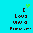 Pixelated text on cyan background with green heart and starburst symbols above 'I Love Olivia Forever' in two