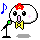 Pixel art character with white rounded head, red flower on top, yellow bow tie, and green microphone stand under gray background.