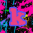 Pixelated text letters 'k', 'e', 'l', 'l', and 'y' in bright colors against a black background with pink, blue, green, and yellow pixel clusters.