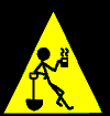 Animated contact sheet of a yellow triangular warning icon featuring a stick figure holding a steaming cup, with subtle pose variations across frames.