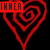 Red heart-shaped spiral with black text banners reading 'INNER' and 'UNIVERSE' on a black background.