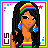A 3x3 contact sheet of pixel art frames showing a cartoon woman with rainbow accessories and text phrases, each frame bordered in pink and blue with 'US' logo corners.