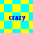 Four identical blue 'crazy' text labels on a yellow and cyan checkered background with diamond-shaped patterns.