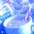 Pixelated blue and white abstract composition with scattered purple accents, featuring a bright diagonal streak across the lower-left quadrant.