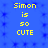 Blue background with repeating star-like patterns and yellow text reading "Simon is so CUTE" in two identical vertical arrangements.