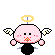 Pixel art character with pink face, black body, white wings, and yellow halo in multiple states including smiling, blushing, explosion effects, and darkened form.