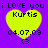 Yellow heart-shaped icon with black text on purple background, showing 'i LOVE you', 'Kurtis', '04.07.09', and '<3' in four identical