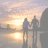 A split-screen image with a sunset beach scene on the left and blue text on the right, asking about love at first sight
