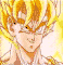 Pixelated anime-style character with spiky golden hair and closed eyes, surrounded by yellow aura against light background.