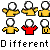 Six pixelated figures in yellow and red shirts with white circular heads arranged in two rows above the word 'Different' on a gray background.