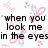 Pixelated text reads 'when you look me in the eyes tell me that you love me -Jonas Brothers' over pink heart-shaped patterns on white background.