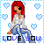 Pixel art contact sheet of two animated frames showing a red-haired cartoon woman in gray top and blue pants with floating hearts and "LOVE YOU" text at bottom.