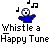 Pixelated character in blue shirt with open mouth and raised arms, surrounded by musical notes, with text 'Whistle a Happy Tune' below.
