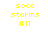 Four display yellow pixelated text 'soco storms #11' on white, light purple, dark blue, and medium purple backgrounds