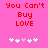 Pixelated red text "You Can't Buy LOVE" on bright pink background with light blue and purple heart symbols below.