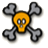 Pixelated icon with orange skull center and four gray heart-shaped limbs on light gray background.