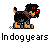 Pixel art dog with black and tan fur, red collar, and red nose in three sequential poses showing head turning left to right, followed by a tombstone with 'RIP' and 'I'm dead' text.