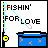 A 3x3 grid of pixel art frames showing a fishing animation with changing text colors and fish in buckets, each frame featuring the phrase 'FISHIN' FOR LOVE' above a blue bucket containing orange fish.