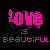 A 3x3 grid of pixelated pink text icons on black background, each displaying "LOVE is [adjective]" with varying adjectives across frames.