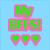 A static image with light blue background displaying green text and icons: 'My BFFS!' above three pink-outlined hearts, names 'Shala', 'Kristina', and 'Gabi' in green with pink outlines, and a colorful patterned section with 'iLY' text.