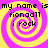 Pixelated spiral pattern with repeated text overlay on purple and yellow background.