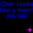 Blue text repeats 'Cher looks like a man! HA HA!' across three on black background with pink symbols above each