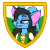 Blue-skinned character with pink ears and black hair in a green-and-white outfit, framed by golden shield border.