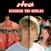 A split-screen image shows a person in a light blue shirt against a background of basketball players in red jerseys, with text reading "stuck" and "BETWEEN TWO WORLDS" at the top.