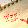 A close-up of a spiral-bound notebook page with red ink drawings of three hearts, a line, and an exclamation mark.
