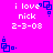 Pixelated icon with bright pink background, white text reading "i love nick 2-3-08", and blue square-based symbols in four corners.