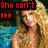 Pixelated image of a person with long blonde hair in front of blue water and green foliage, overlaid with red text on black backgrounds.