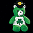 Green pixelated teddy bear with white facial features and chest, wearing a black hat with yellow square emblem, standing against solid black background.