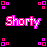 Static pixel art displays 'Shorty' in pink and white block letters on black background with four corner clusters of red and purple squares.