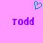 Pixelated blue heart symbol above two purple 'TODD' text blocks on pink background.