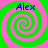 Four identical spiral patterns in green and pink with blue text reading "Alex" at the top of each, arranged in a on a solid background