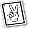 Black-and-white line drawing of a hand making a peace sign inside a tilted square frame with rounded corners.