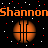 Pixelated orange text 'ShannonShannon' spans top against black background with scattered red and white dots; two identical basketballs below.