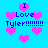 Pixelated blue background with pink hearts and repeated text "I Love Tyler!!!!!!!!" in dark blue.