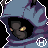 Pixelated figure in blue hooded cloak with purple accents, yellow eyes, and white 'H' symbol on chest across showing head movement
